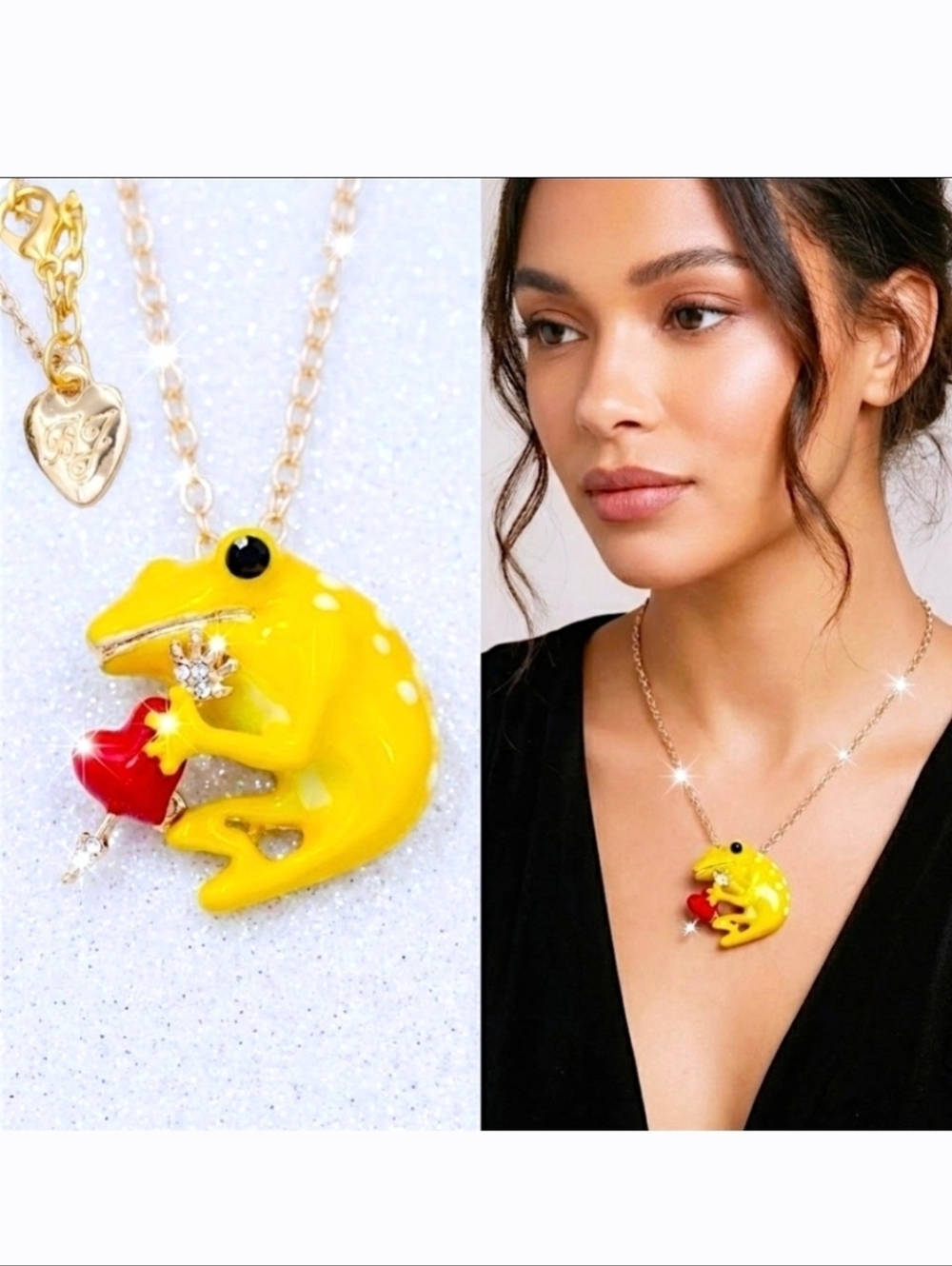 Gold plated yellow red heart bow & arrow crystal frog necklace/brooch